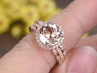2.3 CT Round Morganite 14k Rose Gold Over Diamond Halo Trio Set Engagement Ring - atjewels.in