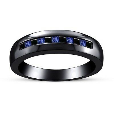1/2Ct Princess Cut Blue Sapphire 14k Black Gold FN Diamond Engagement Band Ring - atjewels.in