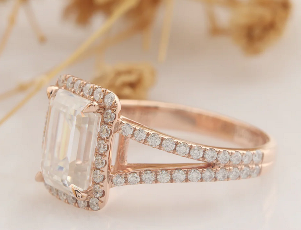 2 CT Emerald Cut Rose Gold Over On 925 Sterling Silver Split Shanks Accents Engagement Ring