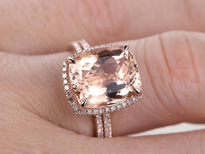 4CT Cushion Cut Morganite 14k Rose Gold Over Diamond Ring Set for Christmas Gift - atjewels.in
