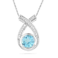 Sterling Silver 925 Round Cut White CZ & Aquamarine Ribbon Pendant Jewelry - atjewels.in