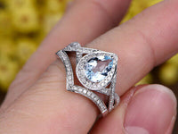 3CT Pear Cut Aquamarine & Diamond 14k White Gold Over Engagement Bridal Set Ring - atjewels.in