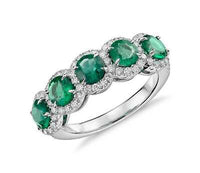925 Sterling Sliver 3CT Round  Cut Emerald & Diamond Halo  Anniversary Band Ring