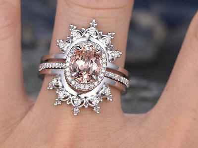 4 CT Morganite Crown Matching Band Diamond Engagement Ring 925 Sterling Silver
