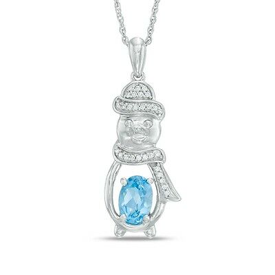 White Gold  925 Sterling Silver Oval Aquamarine & Round White CZ Snowman Pendant - atjewels.in