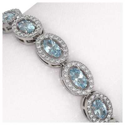 20 CT Brilliant Oval Cut Aquamarine Halo Tennis 7" Bracelet 14k White Gold Over - atjewels.in