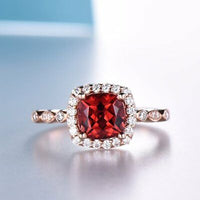 925 Sterling Silver Cushion Cut Red Garnet & Diamond Halo Engagement Wedding Ring