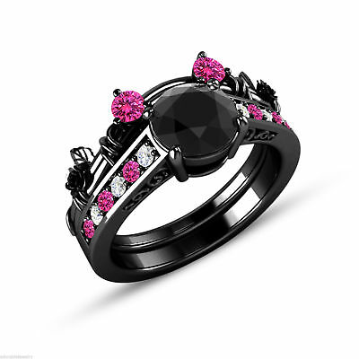 2 CT Round Cut Diamond & Sapphire Black Gold Finish Mickey Mouse Bridal Ring Set - atjewels.in
