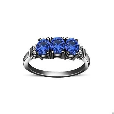 2 CT Oval Cut Blue Sapphire & Diamond Three Stone Wedding Anniversary Band Ring - atjewels.in
