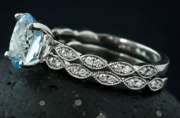 1 CT Oval Cut Blue Aquamarine White Gold Over On 925 Sterling Silver Wedding Ring Set
