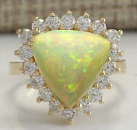 4CT Trillion Cut Fire Opal 14k Solid Yellow Gold Over Diamond Halo Cocktail Ring - atjewels.in