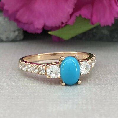 925 Sterling Silver 2 CT Oval Cut Turquoise Three-Stone Diamond Anniversary Ring