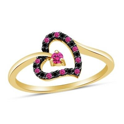 1 Ct Round Cut Pink Sapphire 14k Yellow Gold Over Solitaire W/Accents Heart Ring - atjewels.in