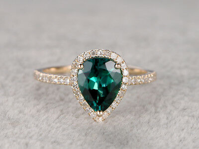 14K White Gold FN Diamond Pear Cut Emerald Halo Promise Engagement Wedding Ring - atjewels.in