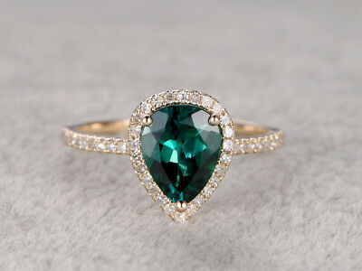 14K White Gold FN Diamond Pear Cut Emerald Halo Promise Engagement Wedding Ring - atjewels.in
