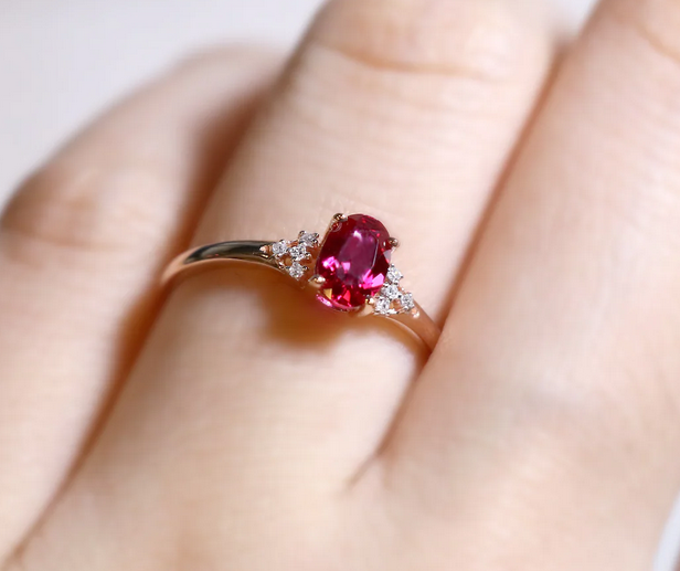 1 CT Oval Cut Red Ruby Rose Gold Over On 925 Sterling Silver Solitaire W/Accents PromiseRing