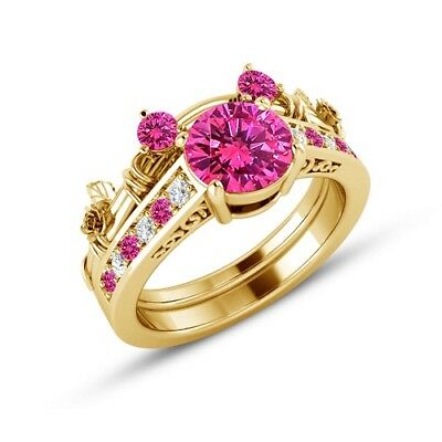 1CT Round Cut Sapphire & Diamond 14k Yellow Gold FN Mickey Mouse Bridal Ring Set - atjewels.in