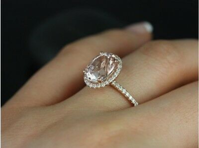 8mm 2 CT Oval Cut Pink Morganite 925 Sterling Silver Halo Diamond Engagement Ring