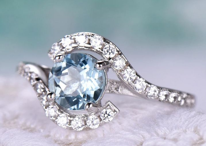 1 CT Round Cut Aquamarine White Gold Over On 925 Sterling Silver Bypass Engagement Ring