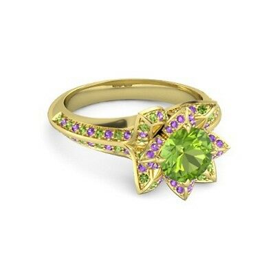 1.50 CT Round Cut Peridot & Amethyst Lotus Engagement Ring 925 Sterling Silver