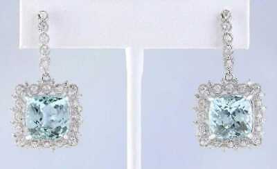 925 Sterling Silver 4CT Cushion Cut Aquamarine Diamond Halo Bridal Drop Earrings