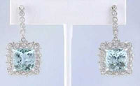 925 Sterling Silver 4CT Cushion Cut Aquamarine Diamond Halo Bridal Drop Earrings
