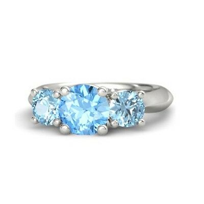 Round Cut Aquamarine 14k White Gold Over On 925 Sterling Sliver Disney Princess Cinderella 3-Stone Ring