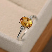 1/2 CT Oval Cut Citrine & Diamond 14k White Gold Finish 3-Stone Anniversary Ring - atjewels.in