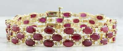 25 CT Oval Cut Red Ruby 14k Yellow Gold Over 3-Row Wedding Diamond 7" Bracelet - atjewels.in