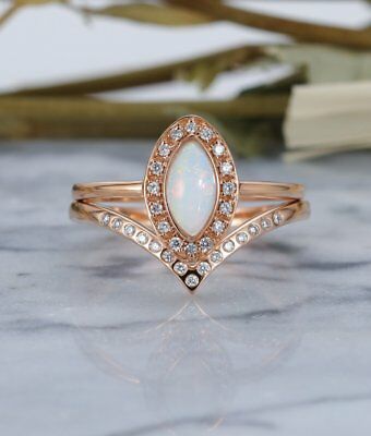 2CT Marquise Cut Fire Opal 14k Rose Gold Over Engagement Diamond Bridal Ring Set - atjewels.in