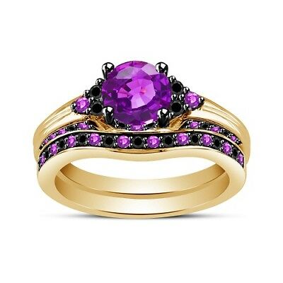 1.5 CT 14k Yellow Gold Over Round Amethyst & Diamond Bridal Engagement Ring Set - atjewels.in