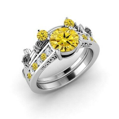 Round Cut Diamond 14k White Gold Finish On 925 Sterling Silver Mickey Mouse Style Citrine Bridal Ring Set