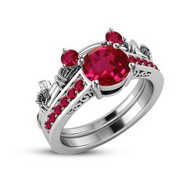 14k White Gold Over Round Cut Ruby Mickey Mouse Diamond Bridal Wedding Ring Set - atjewels.in