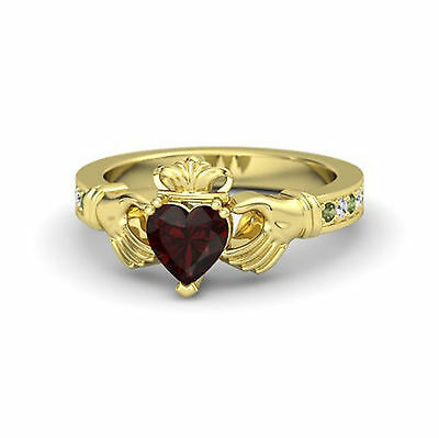 14k Yellow Gold Over 1 Ct Heart Cut Red Garnet Claddagh Engagement Women's Ring - atjewels.in