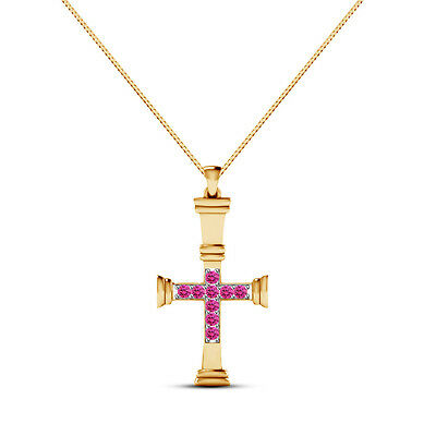 Round Cut Pink Sapphire Cross Pendant Yellow Gold Over 925 Sterling Silver - atjewels.in