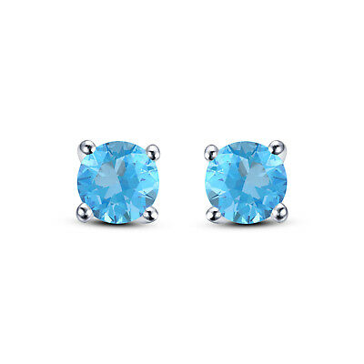 925 Sterling Silver Round Cut Aquamarine Solitaire Stud Earrings For Women's