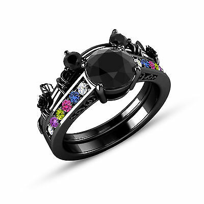 Round Cut Diamond 14k Black Gold Over On 925 Sterling Sliver Solitaire Mickey Mouse Wedding Bridal Ring