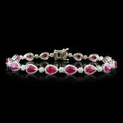 15 CT Pear Cut Ruby 14k White Gold Over Halo Diamond Tennis Wedding 7" Bracelet - atjewels.in