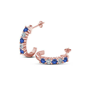 14K Rose Gold Over Round Cut Blue Sapphire & White Diamond J Shape Stud Earrings - atjewels.in
