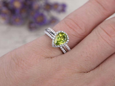 2 CT Pear Cut Peridot Diamond 14k White Gold FN Engagement Trio Wedding Ring Set - atjewels.in
