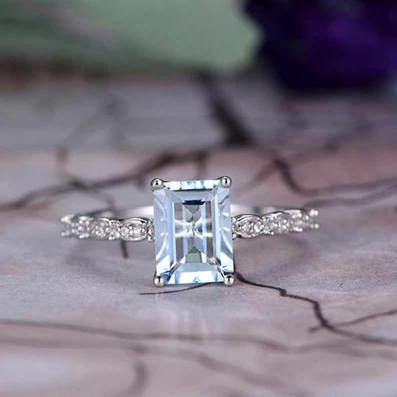 1.20 Ct Emerald Cut Aquamarine 925 Sterling Silver Solitaire W/Accents Promise Ring