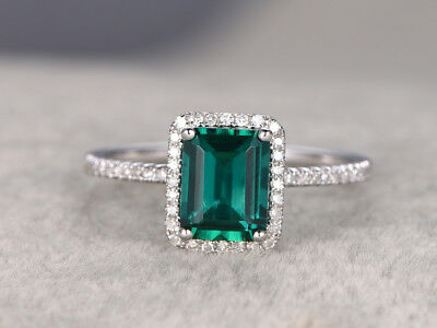 1Ct Emerald Cut Emerald 14k White Gold Over Diamond Engagement Wedding Halo Ring - atjewels.in