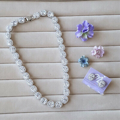 14k White Gold Over Oval Cut Diamond Halo Tennis 16" Necklace Wedding JewelrySet - atjewels.in