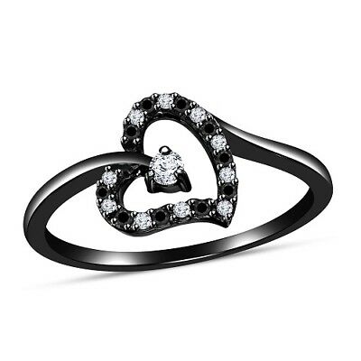 Black Gold Over .925 Sterling Silver Black & White CZ Promise Heart Women's Ring - atjewels.in