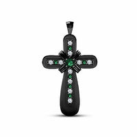 Full Black Rodhium .925 Sterling Silver Green Emerald & White CZ Cross Pendant - atjewels.in