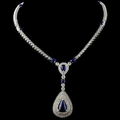 35 CT Pear Cut Blue Sapphire 14k White Gold Over Tear Drop Tennis 18" Necklace - atjewels.in