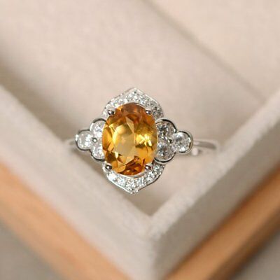 1 CT Oval Cut Citrine & Diamond 14k White Gold Over Halo Engagement Women's Ring - atjewels.in