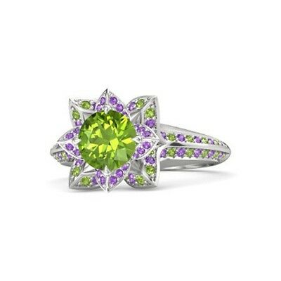 2 CT Round Cut Peridot & Amethyst Lotus Engagement Ring 14k White Gold Over - atjewels.in