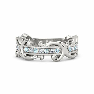 1/2 CT Round Cut Diamond & Aquamarine 14k White Gold Over Wedding Band Ring - atjewels.in