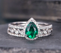 1 Pear Cut Emerald & CZ Diamond White Gold Over On 925 Sterling Silver Halo Wedding Trio Set